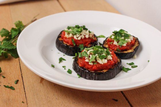 Grilled Eggplant with Tomato Sauce, Feta and Mint